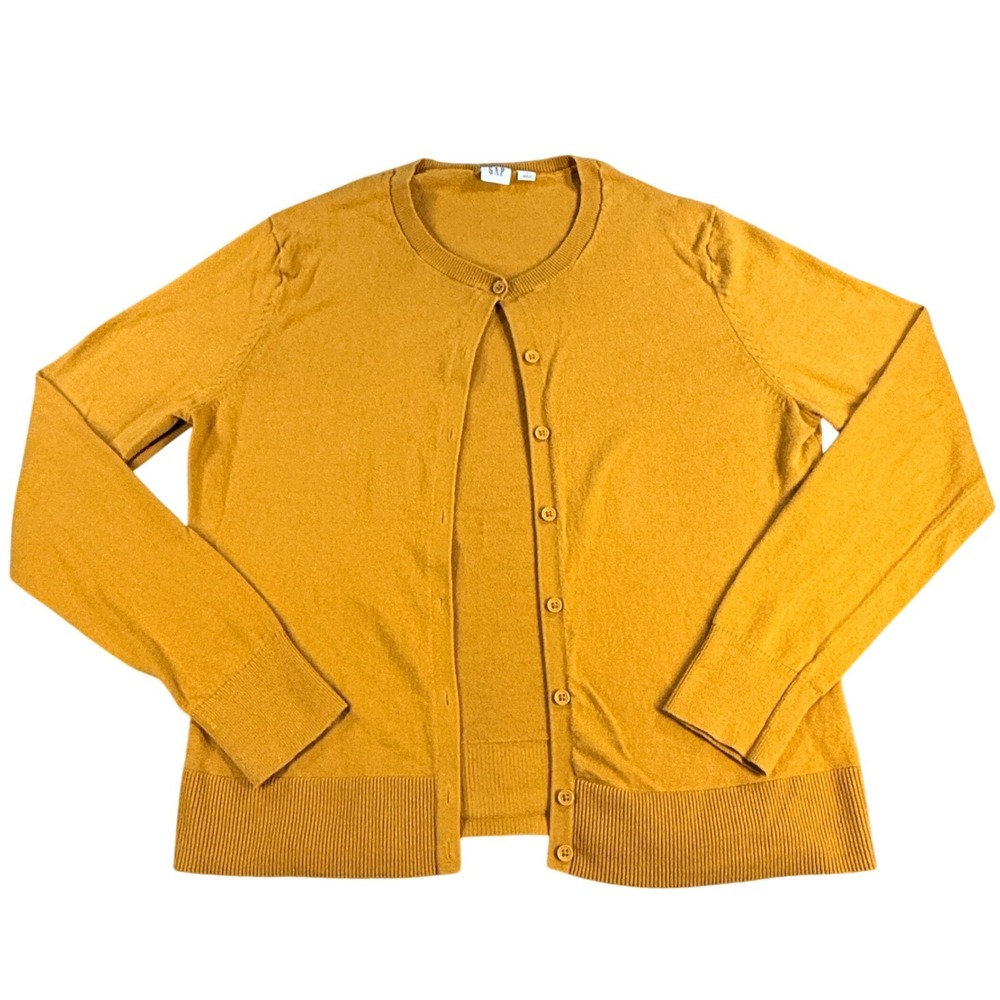 GAP Cardigan Women L Yellow Button Front Crew Neck 100% Cotton Long Sleeve Knit